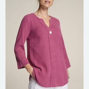 NWT J Jill Pure Jill Organic Cotton-Gauze One-Button Tunic Pink Size XL Beach